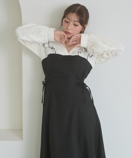 Ambre Neige(アンブルネージュ)の「raffle lace docking dress / ラッフルレースドッキングワンピース(ワンピース・レディース・ダークブラウン/ブラック/キャメル/グレー系その他・FREE)」の9枚目の写真