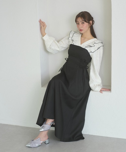 Ambre Neige(アンブルネージュ)の「raffle lace docking dress / ラッフルレースドッキングワンピース(ワンピース・レディース・ダークブラウン/ブラック/キャメル/グレー系その他・FREE)」の6枚目の写真