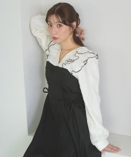 Ambre Neige(アンブルネージュ)の「raffle lace docking dress / ラッフルレースドッキングワンピース(ワンピース・レディース・ダークブラウン/ブラック/キャメル/グレー系その他・FREE)」の5枚目の写真