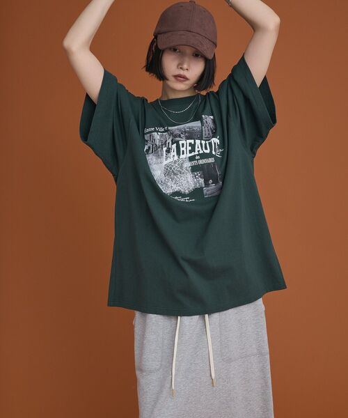 Green Parks(グリーンパークス)の「レースドッキングオーバーサイズロゴTシャツ(Tシャツ/カットソー・レディース・グリーン/オフホワイト/ベージュ/チャコールグレー・FREE)」の9枚目の写真