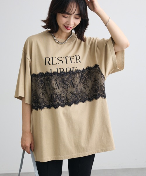 Green Parks(グリーンパークス)の「レースドッキングオーバーサイズロゴTシャツ(Tシャツ/カットソー・レディース・グリーン/オフホワイト/ベージュ/チャコールグレー・FREE)」の4枚目の写真