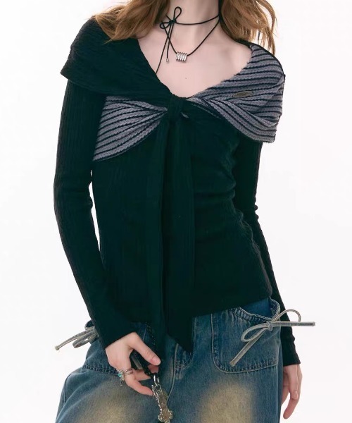 AsRiRe（アスリレイ）の「26aw ボーダーセーラーカラーリボンリブニット（ニット/セーター・レディース・ブラック・M）」の2枚目の写真