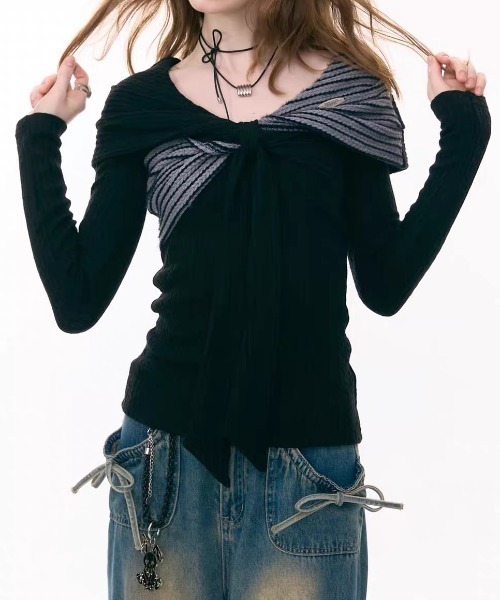 AsRiRe（アスリレイ）の「26aw ボーダーセーラーカラーリボンリブニット（ニット/セーター・レディース・ブラック・M）」の3枚目の写真