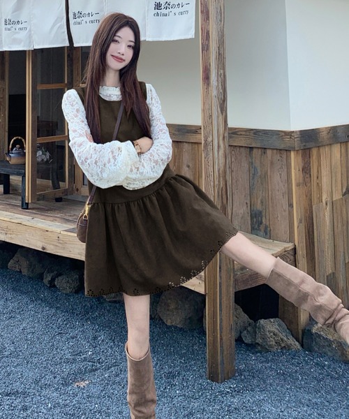 Aelina(エリナ)の「レース長袖トップス&ノースリーブワンピース2枚セット(セットアップ・レディース・ダークブラウン/ブラウン・XL/L)」の2枚目の写真
