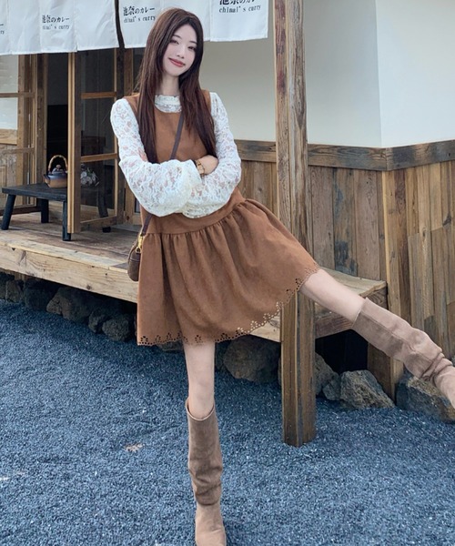 Aelina(エリナ)の「レース長袖トップス&ノースリーブワンピース2枚セット(セットアップ・レディース・ダークブラウン/ブラウン・XL/L)」の1枚目の写真