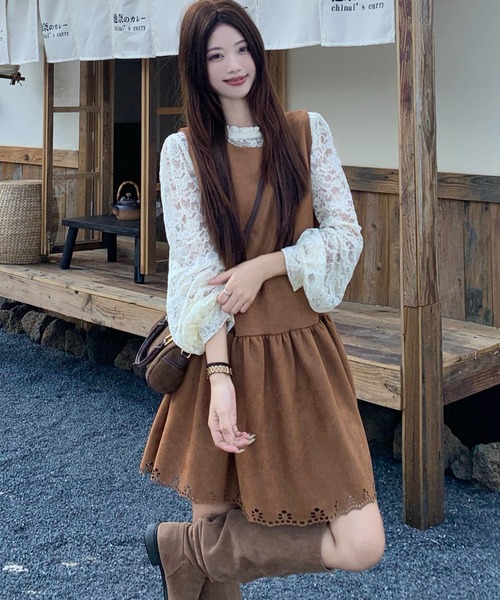 Aelina(エリナ)の「レース長袖トップス&ノースリーブワンピース2枚セット(セットアップ・レディース・ダークブラウン/ブラウン・XL/L)」の12枚目の写真