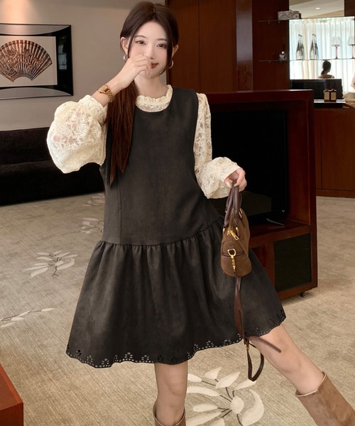 Aelina(エリナ)の「レース長袖トップス&ノースリーブワンピース2枚セット(セットアップ・レディース・ダークブラウン/ブラウン・XL/L)」の3枚目の写真