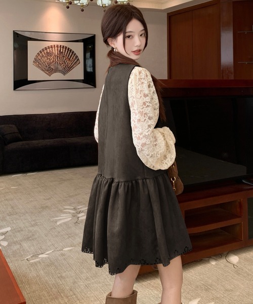 Aelina(エリナ)の「レース長袖トップス&ノースリーブワンピース2枚セット(セットアップ・レディース・ダークブラウン/ブラウン・XL/L)」の4枚目の写真
