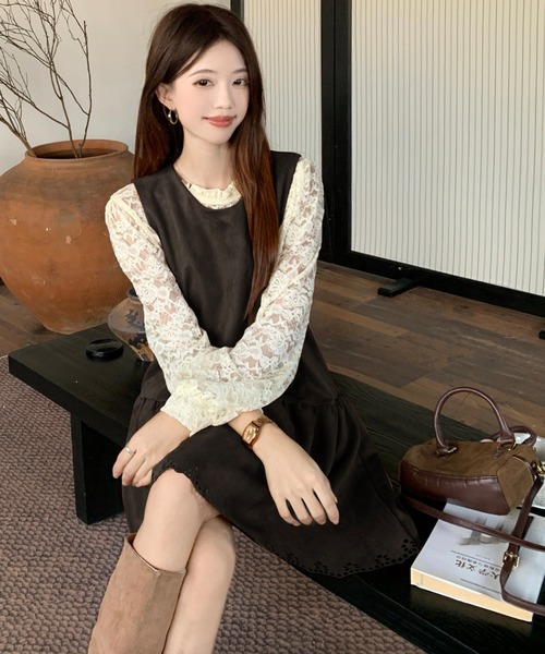 Aelina(エリナ)の「レース長袖トップス&ノースリーブワンピース2枚セット(セットアップ・レディース・ダークブラウン/ブラウン・XL/L)」の5枚目の写真