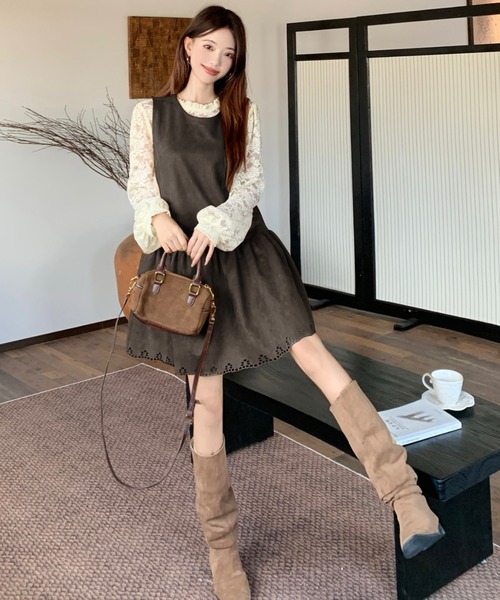 Aelina(エリナ)の「レース長袖トップス&ノースリーブワンピース2枚セット(セットアップ・レディース・ダークブラウン/ブラウン・XL/L)」の6枚目の写真