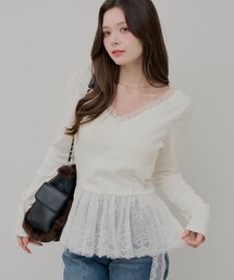 カップ付きペプラムレースT