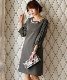 PourVous | 【結婚式・お呼ばれ対応】	リボンスリーブビジューワンピース(ドレス)