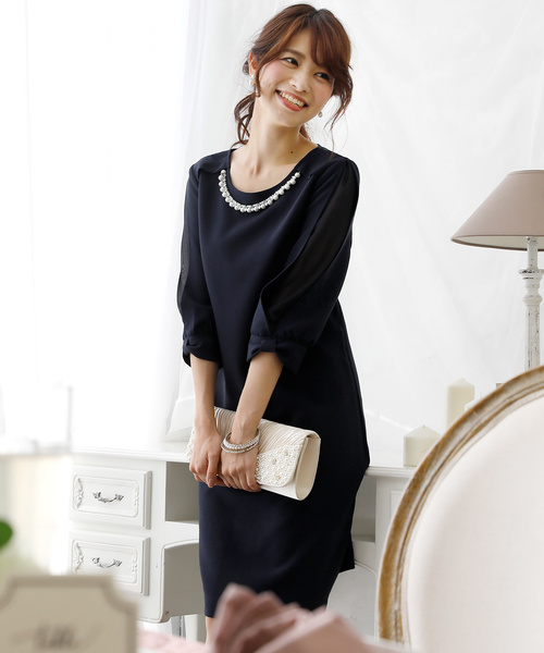 PourVous（プールヴー）の「ミニ丈&七分袖 フォーマル リボンスリーブ 大きいサイズ 結婚式 ワンピースドレス オケージョンドレス お呼ばれ 二次会 成人式 （ドレス・レディース・ベージュ/ネイビー/グレー・L/M/XL/S/4L/XXL）」の20枚目の写真