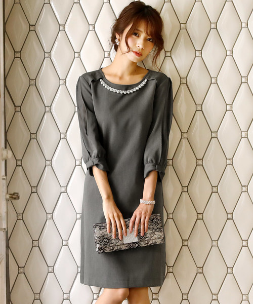 PourVous（プールヴー）の「ミニ丈&七分袖 フォーマル リボンスリーブ 大きいサイズ 結婚式 ワンピースドレス オケージョンドレス お呼ばれ 二次会 成人式 （ドレス・レディース・ベージュ/ネイビー/グレー・L/M/XL/S/4L/XXL）」の19枚目の写真