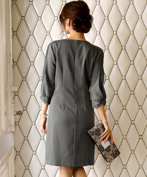 PourVous（プールヴー）の「ミニ丈&七分袖 フォーマル リボンスリーブ 大きいサイズ 結婚式 ワンピースドレス オケージョンドレス お呼ばれ 二次会 成人式 （ドレス・レディース・ベージュ/ネイビー/グレー・L/M/XL/S/4L/XXL）」の17枚目の写真