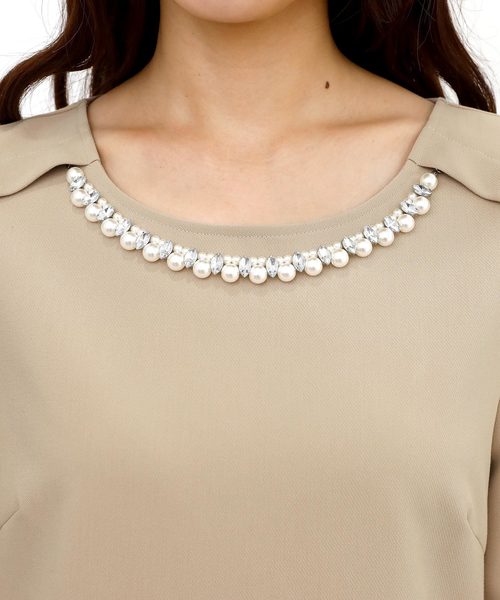 PourVous（プールヴー）の「ミニ丈&七分袖 フォーマル リボンスリーブ 大きいサイズ 結婚式 ワンピースドレス オケージョンドレス お呼ばれ 二次会 成人式 （ドレス・レディース・ベージュ/ネイビー/グレー・L/M/XL/S/4L/XXL）」の12枚目の写真