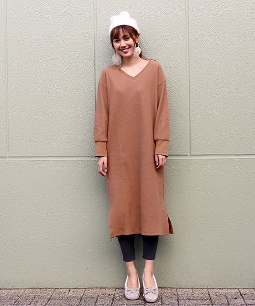 n'ee-ne(ネーネ)の「リブワンピース(ワンピース・レディース・ブラック/グリーン/スミクロ/キャメル/杢グレー/ピンクベージュ/ライトグレー・FREE)」の12枚目の写真