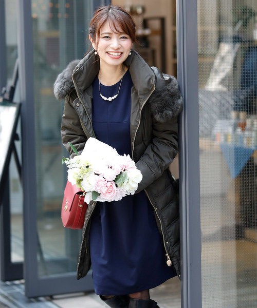 ラビットファーシンプルロングダウンコート リボン結婚式対応（ダウン