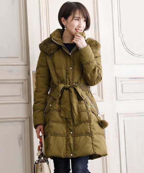 ラビットファーシンプルロングダウンコート リボン結婚式対応（ダウン