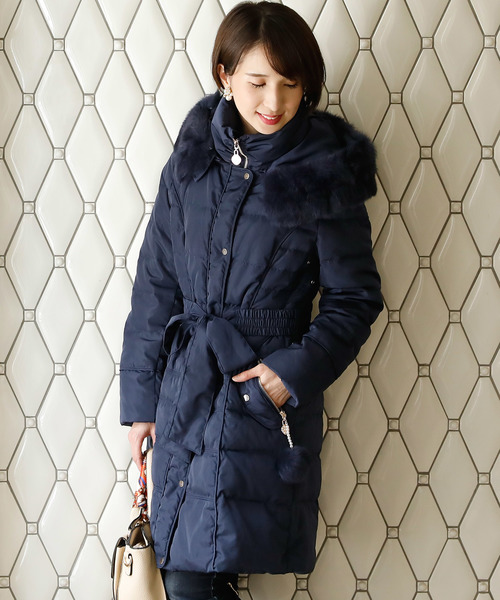 ラビットファーシンプルロングダウンコート リボン結婚式対応（ダウン