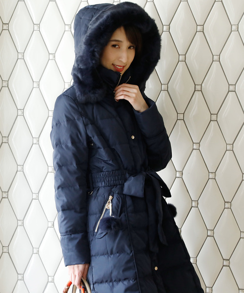 ラビットファーシンプルロングダウンコート リボン結婚式対応（ダウン