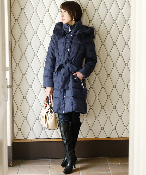 ラビットファーシンプルロングダウンコート リボン結婚式対応（ダウン