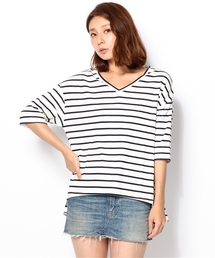 VネックイレギュラーヘムボーダーTee