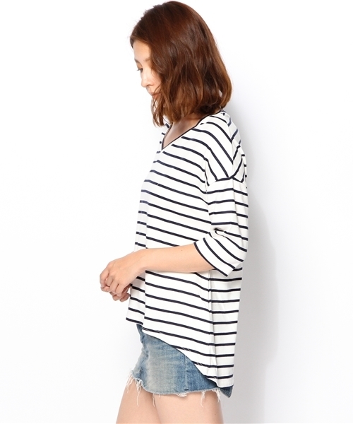 laule'a sunny side store(ラウレアサニーサイドストア)の「VネックイレギュラーヘムボーダーTee(Tシャツ/カットソー・レディース・ブルー/杢グレー/ネイビー/グレー・FREE)」の6枚目の写真