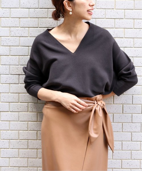 【SALE】 セール】コットンストレッチ コクーンV袖付きプルオーバー トップス