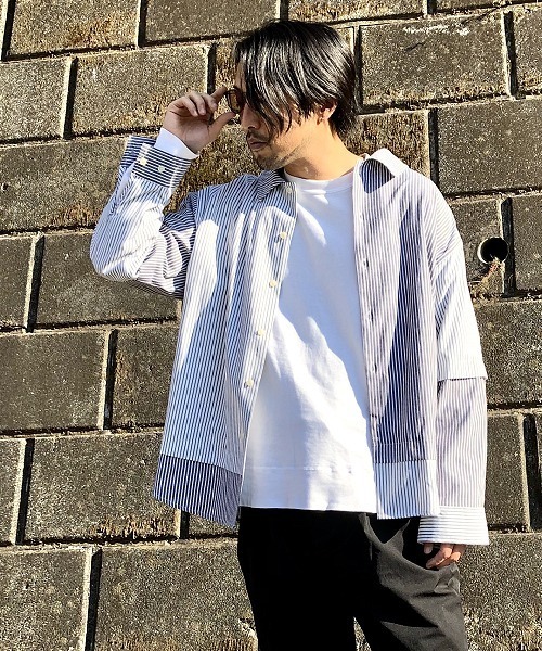 UP START（アップスタート）の「クレイジーストライプワイドシルエットビッグシャツ（シャツ/ブラウス・メンズ・ブラック/ベージュ/ブルー・MEDIUM/X-LARGE/LARGE）」の8枚目の写真