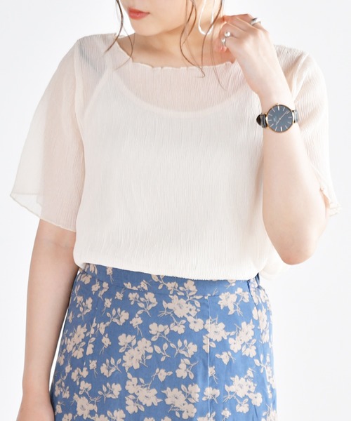 Ambre Neige(アンブルネージュ)の「キャミ付きシアープリーツブラウス/楊柳ブラウス/シアーブラウス/【WEB/EC限定商品】(シャツ/ブラウス・レディース・オフホワイト/グリーン・FREE)」の1枚目の写真