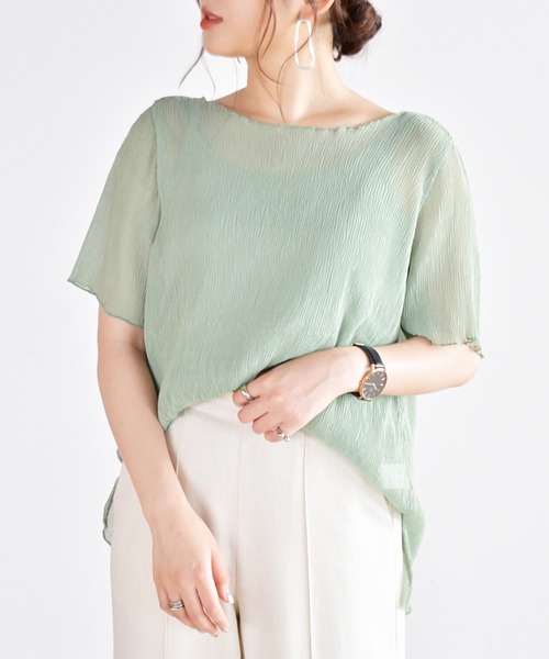 Ambre Neige(アンブルネージュ)の「キャミ付きシアープリーツブラウス/楊柳ブラウス/シアーブラウス/【WEB/EC限定商品】(シャツ/ブラウス・レディース・オフホワイト/グリーン・FREE)」の2枚目の写真