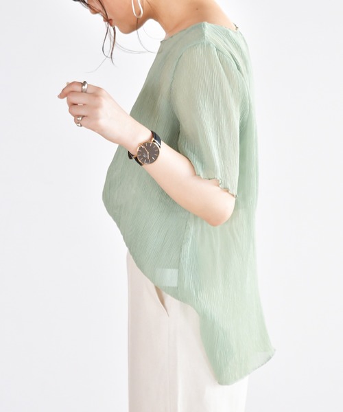 Ambre Neige(アンブルネージュ)の「キャミ付きシアープリーツブラウス/楊柳ブラウス/シアーブラウス/【WEB/EC限定商品】(シャツ/ブラウス・レディース・オフホワイト/グリーン・FREE)」の6枚目の写真