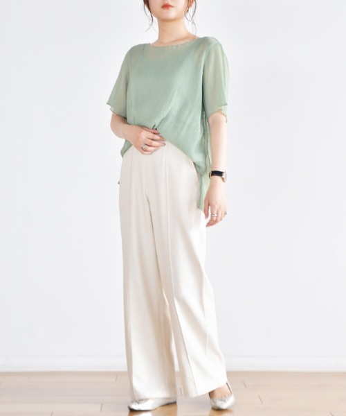 Ambre Neige(アンブルネージュ)の「キャミ付きシアープリーツブラウス/楊柳ブラウス/シアーブラウス/【WEB/EC限定商品】(シャツ/ブラウス・レディース・オフホワイト/グリーン・FREE)」の8枚目の写真