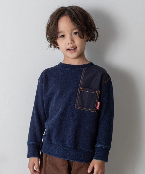 MAKE YOUR DAY(メイクユアデイ)の「異素材ポケット切替裏毛トレーナー■80~140cm(スウェット・キッズ・ネイビー/チャコールグレー/カーキ/キャメル・140/90/100/110/120/80/130)」の3枚目の写真