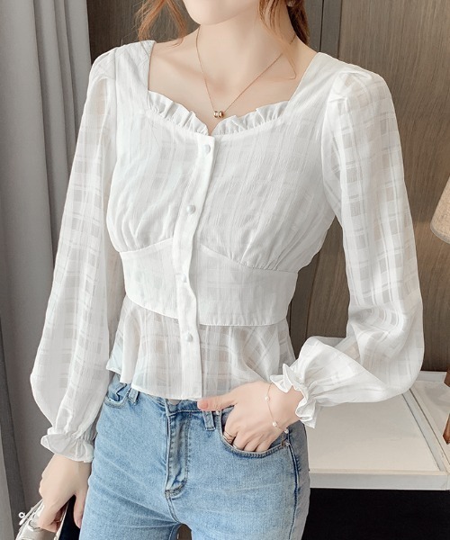 yuue' ( wear )（ユーイ）の「ホワイトチェック柄ブラウス（シャツ/ブラウス・レディース・ホワイト・FREE）」の2枚目の写真