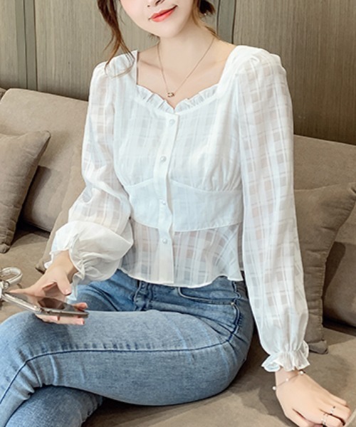 yuue' ( wear )（ユーイ）の「ホワイトチェック柄ブラウス（シャツ/ブラウス・レディース・ホワイト・FREE）」の3枚目の写真