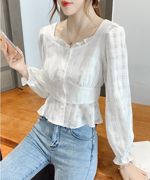 yuue' ( wear )（ユーイ）の「ホワイトチェック柄ブラウス（シャツ/ブラウス・レディース・ホワイト・FREE）」の4枚目の写真