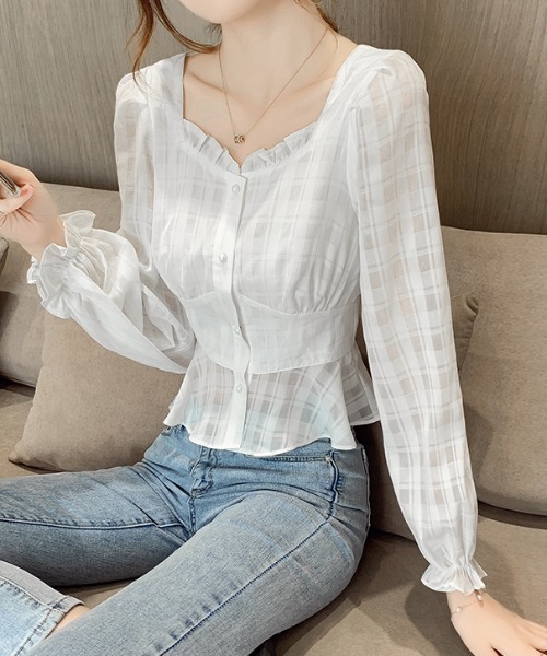 yuue' ( wear )（ユーイ）の「ホワイトチェック柄ブラウス（シャツ/ブラウス・レディース・ホワイト・FREE）」の5枚目の写真