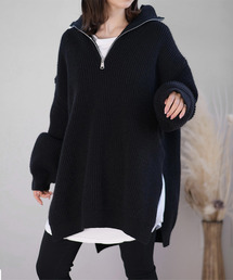 【ANDJ MADE】ダブル畔編みハーフジップスリットニット