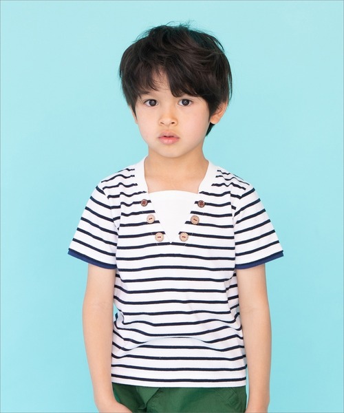 RAGMART（ラグマート）の「レイヤード風Tシャツ ボーダー ドット ヨット（Tシャツ/カットソー・キッズ・ブルー/ブラック×ホワイト/ドット・120cm/130cm/100cm/110cm）」の2枚目の写真