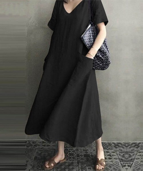 Ritzy(リッツィー)の「大人シルエット マキシ丈半袖ワンピース(ワンピース・レディース・ブラック/ベージュ/ピンク・M/L/XL)」の12枚目の写真