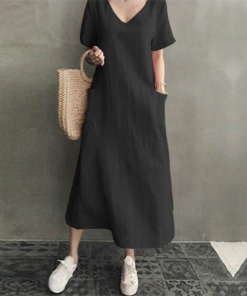 Ritzy(リッツィー)の「大人シルエット マキシ丈半袖ワンピース(ワンピース・レディース・ブラック/ベージュ/ピンク・M/L/XL)」の13枚目の写真