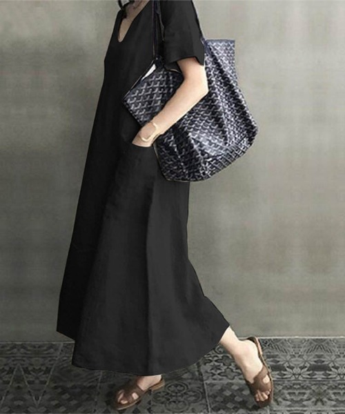 Ritzy(リッツィー)の「大人シルエット マキシ丈半袖ワンピース(ワンピース・レディース・ブラック/ベージュ/ピンク・M/L/XL)」の14枚目の写真