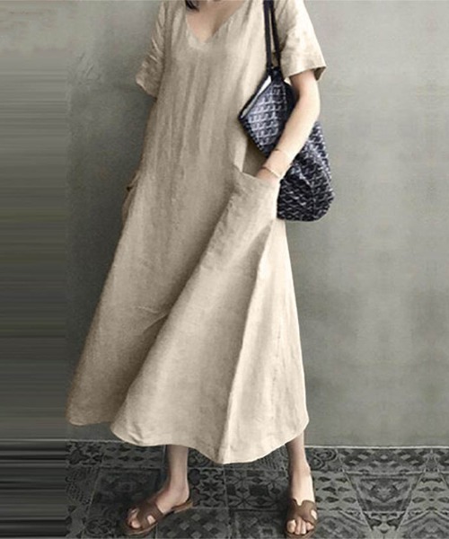 Ritzy(リッツィー)の「大人シルエット マキシ丈半袖ワンピース(ワンピース・レディース・ブラック/ベージュ/ピンク・M/L/XL)」の16枚目の写真