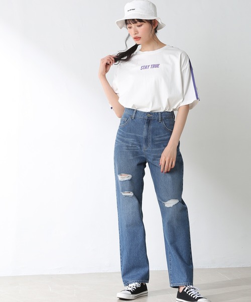 colza(コルザ)の「ライン入りTシャツ(Tシャツ/カットソー・レディース・ブラック/ホワイト×パープル/パープル/ホワイト/オレンジ・M/L/S)」の3枚目の写真