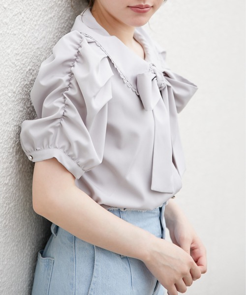 OLIVE des OLIVE（オリーブデオリーブ）の「【WEB限定】ボウタイ衿レース5分袖ブラウス（シャツ/ブラウス・レディース・オフホワイト/インディゴブルー/アイボリー・FREE）」の3枚目の写真