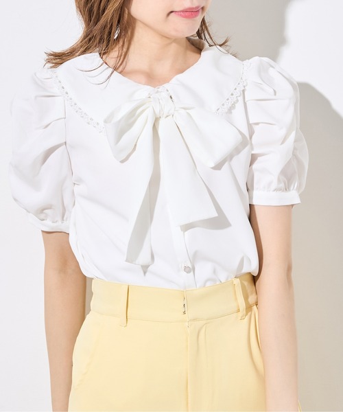 OLIVE des OLIVE（オリーブデオリーブ）の「【WEB限定】ボウタイ衿レース5分袖ブラウス（シャツ/ブラウス・レディース・オフホワイト/インディゴブルー/アイボリー・FREE）」の4枚目の写真