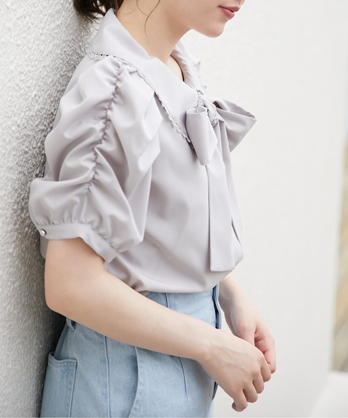 OLIVE des OLIVE（オリーブデオリーブ）の「【WEB限定】ボウタイ衿レース5分袖ブラウス（シャツ/ブラウス・レディース・オフホワイト/インディゴブルー/アイボリー・FREE）」の10枚目の写真
