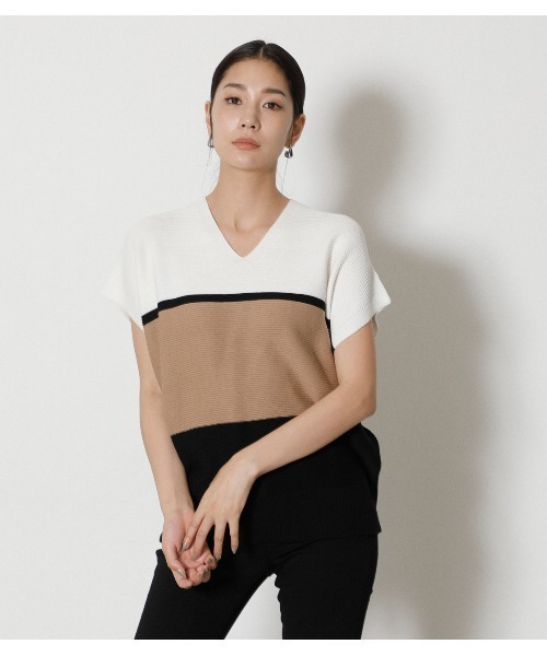 AZUL by moussy（アズールバイマウジー）の「LOOSE PANEL KNIT TOPS/ルーズパネルニットトップス（シャツワンピース・レディース・グリーン/ベージュ系その他/オフホワイト・FREE）」の2枚目の写真